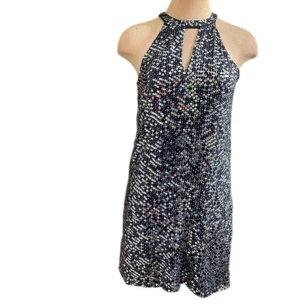 PARKER Sequin Beaded Aquarius Blue Keyhole Halter Cocktail Dress Evening Size 4
